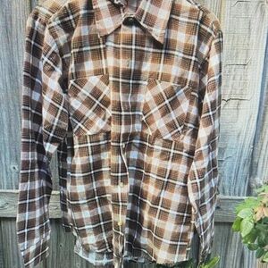 Vintage 1980s Prest Rite Brown and White Plaid Button-Up Shirt